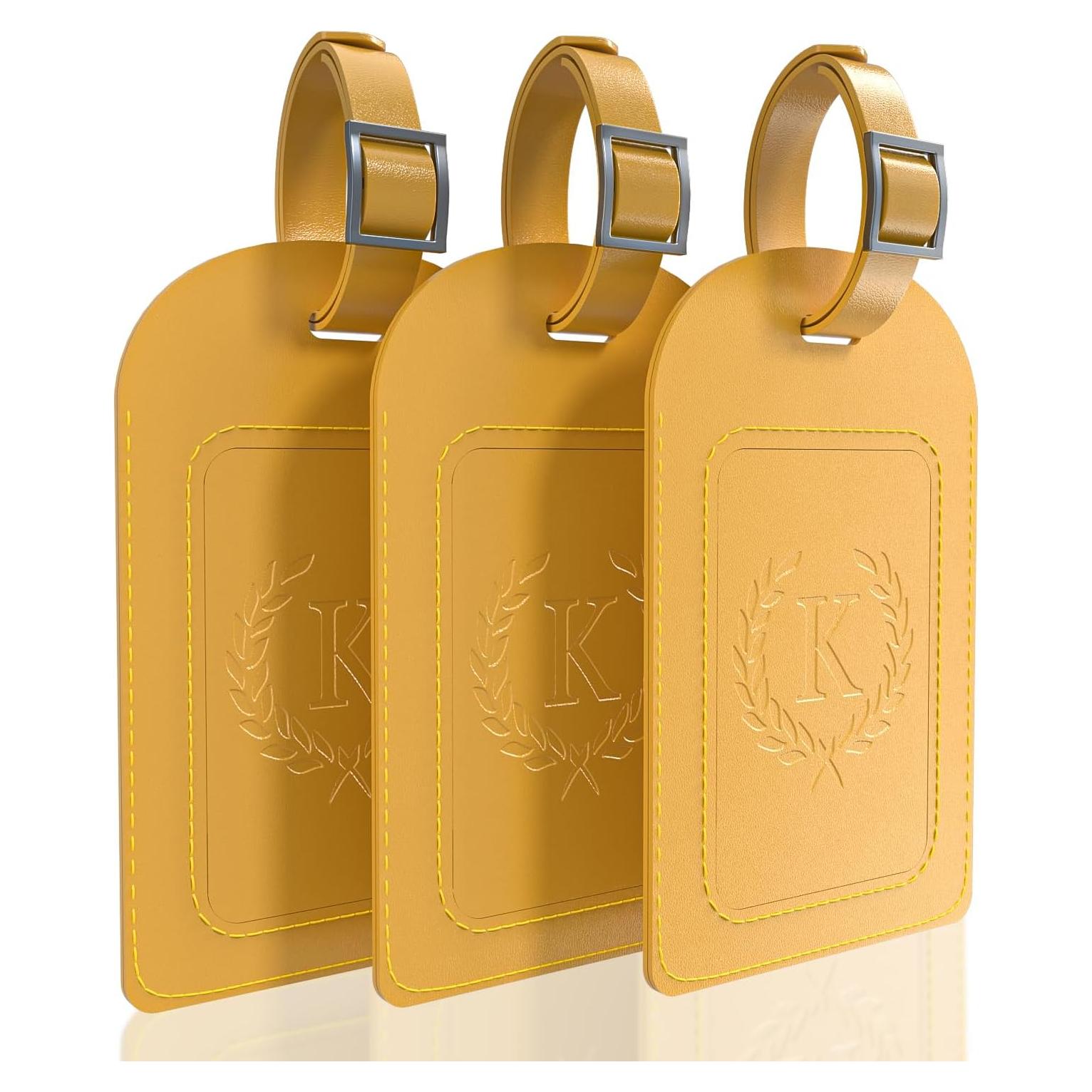 FESAS 3 Pack A-Z Alphabet Luggage Tags - Faux Leather Suitcase Tags with Privacy Cover & Replaceable Card - Initial Letter Monogram for Bags (Yellow)