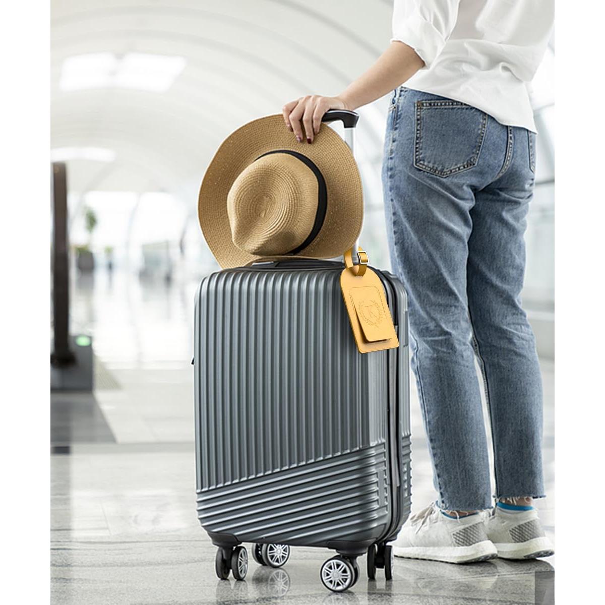 FESAS 3 Pack A-Z Alphabet Luggage Tags - Faux Leather Suitcase Tags with Privacy Cover & Replaceable Card - Initial Letter Monogram for Bags (Yellow)