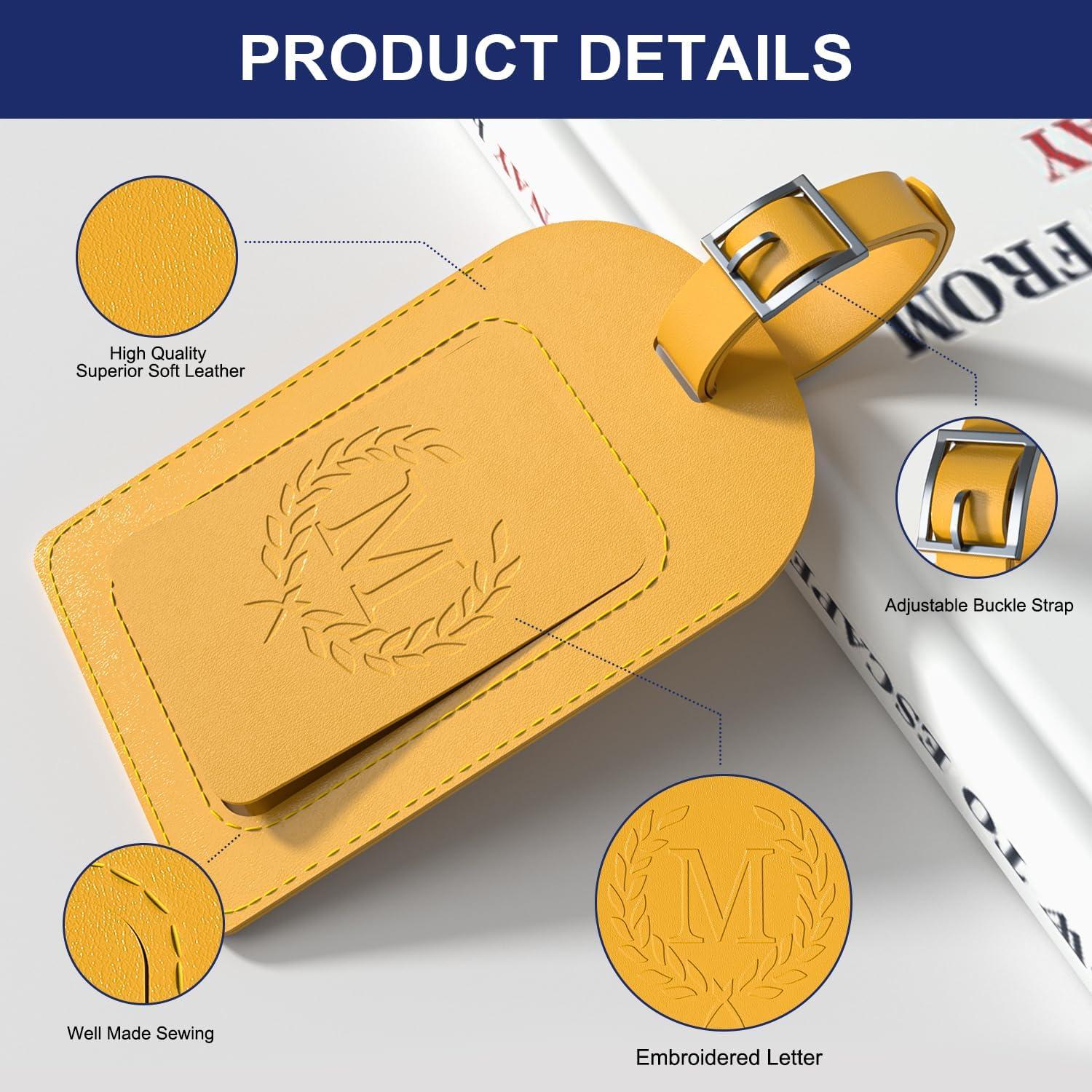 FESAS 3 Pack A-Z Alphabet Luggage Tags - Faux Leather Suitcase Tags with Privacy Cover & Replaceable Card - Initial Letter Monogram for Bags (Yellow)