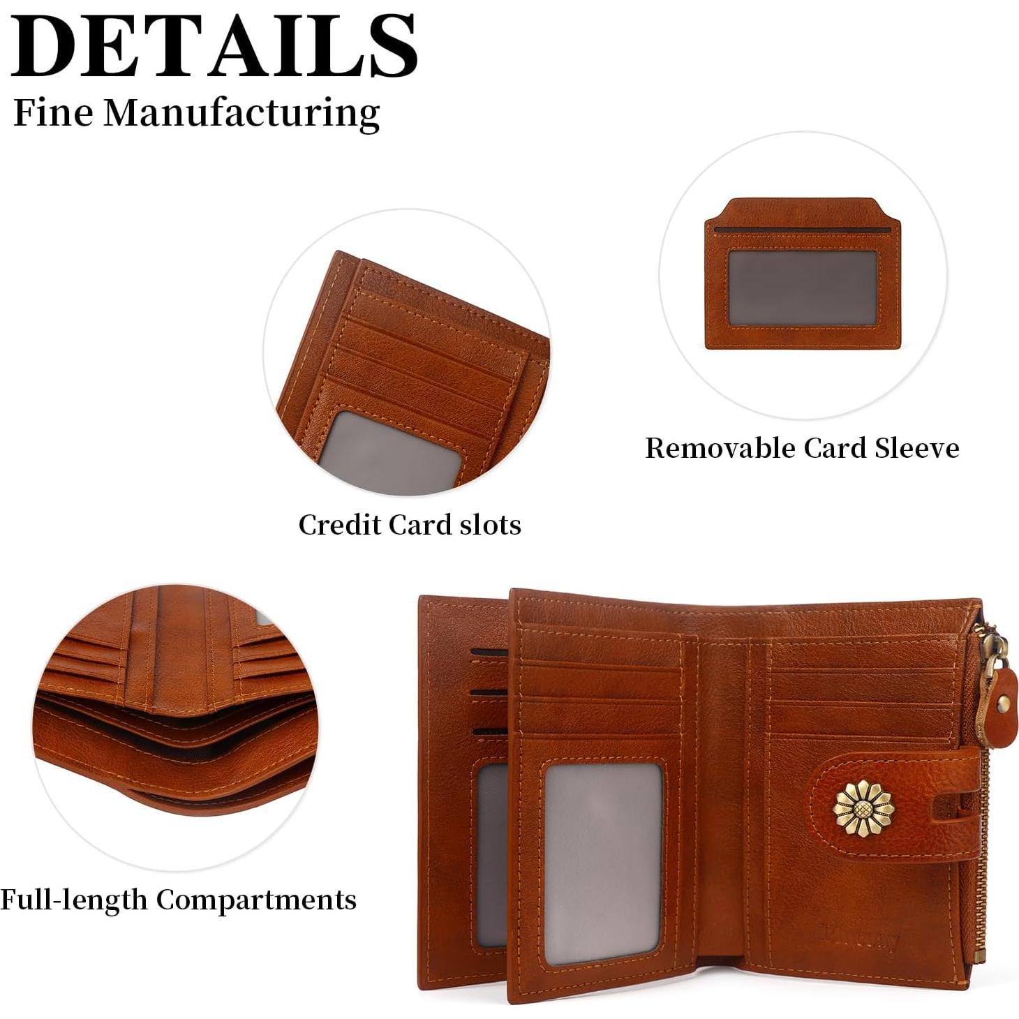 Billetera de Cuero para Mujeres Blucoay Marrón RFID Compacta