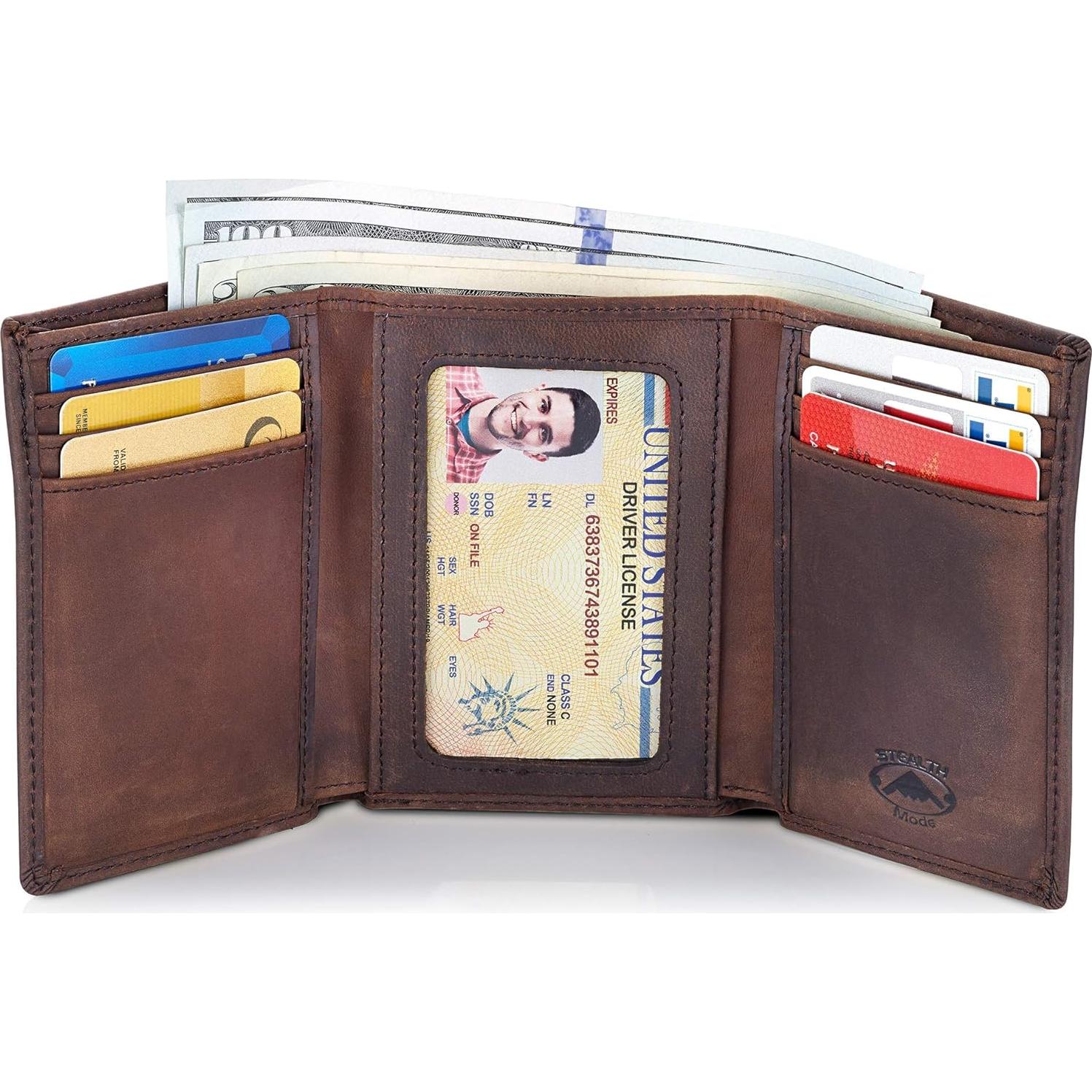 Cartera de Cuero Trifold Modo Sigiloso para Hombres RFID