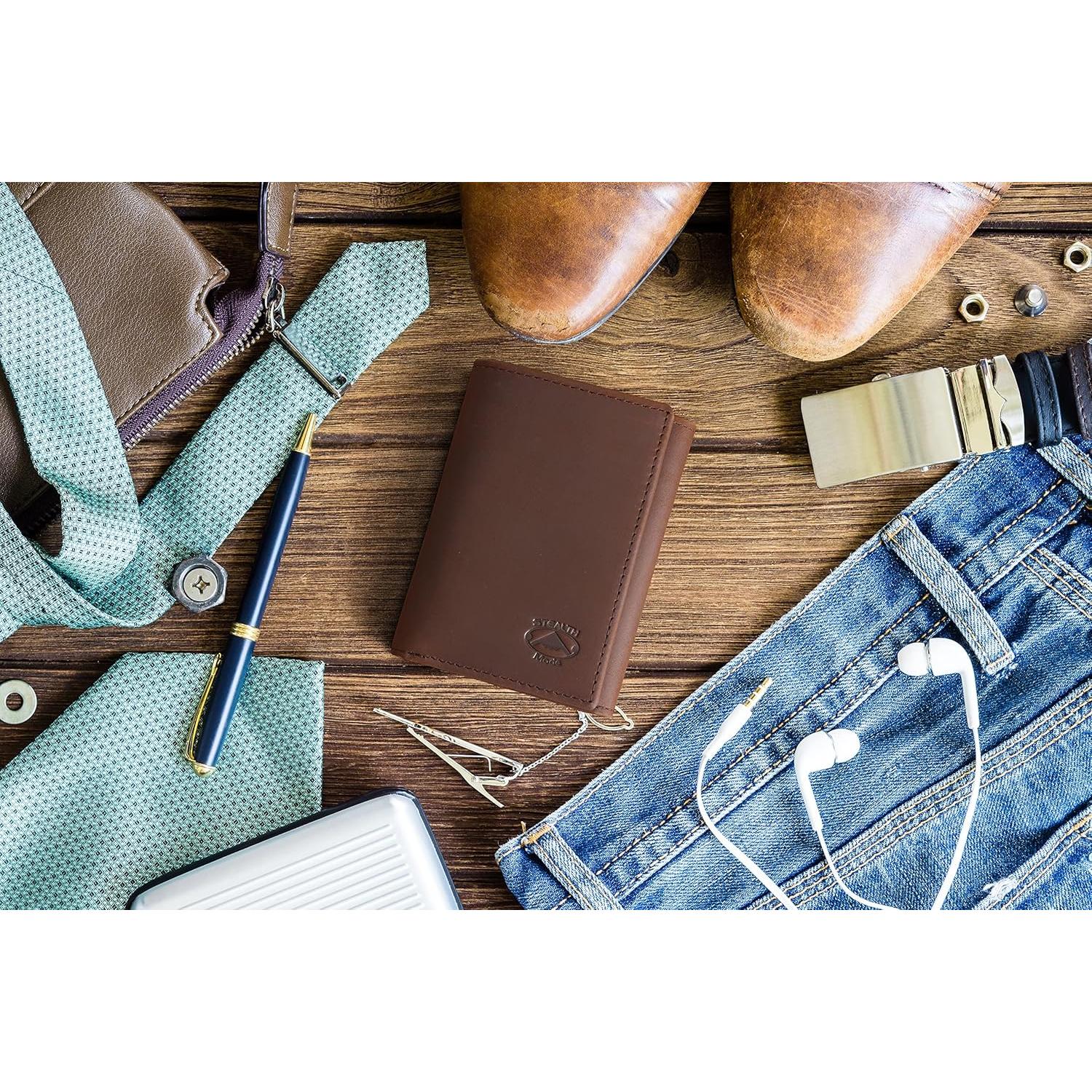 Cartera de Cuero Trifold Modo Sigiloso para Hombres RFID