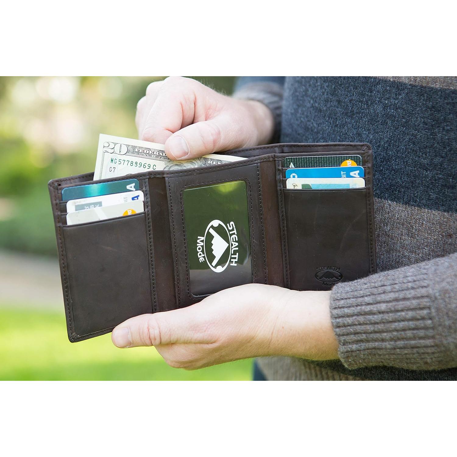 Cartera de Cuero Trifold Modo Sigiloso para Hombres RFID