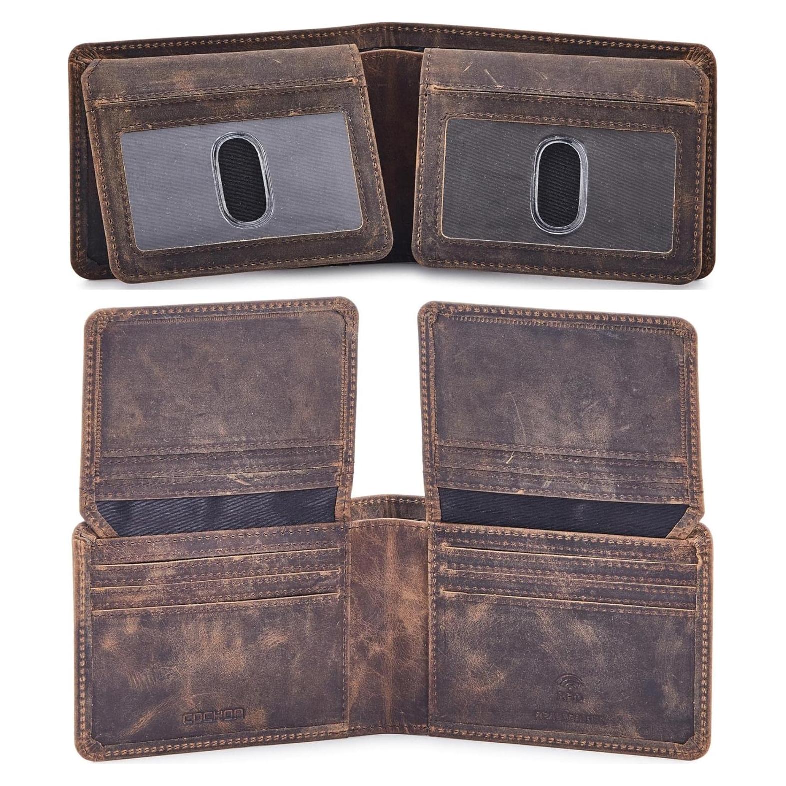 Billetera de Hombre Bifold Cuero Real Caballo Loco RFID Musgo