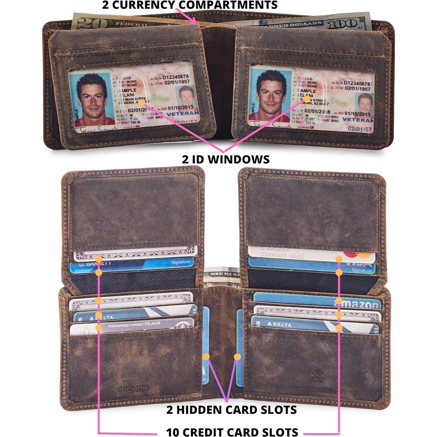 Billetera de Hombre Bifold Cuero Real Caballo Loco RFID Musgo