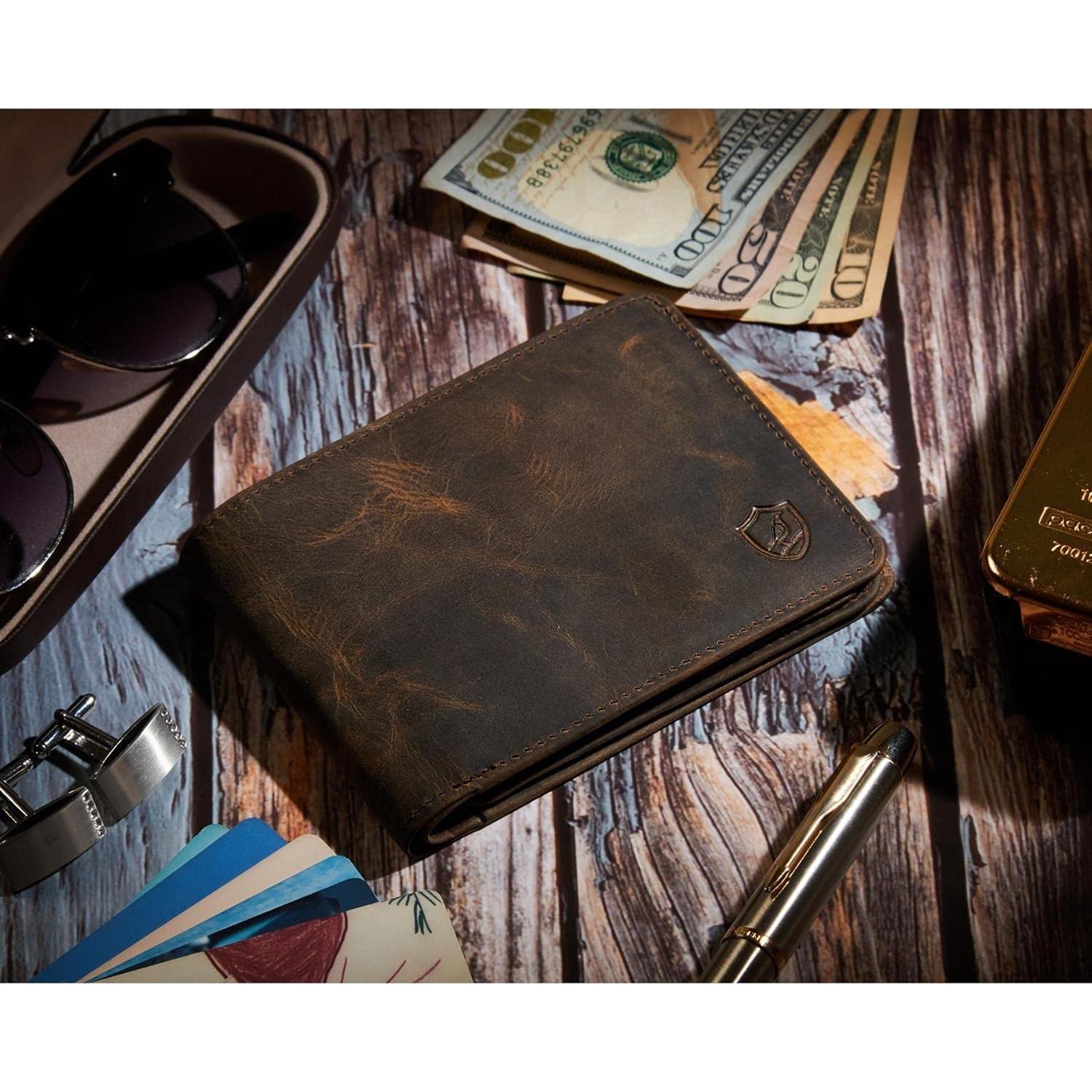 Billetera de Hombre Bifold Cuero Real Caballo Loco RFID Musgo