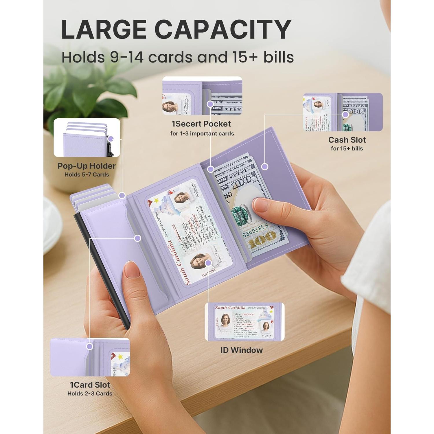 Cartera tipo estuche para mujeres Typecase - Cuero RFID, 9-14 tarjetas, Púrpura Claro