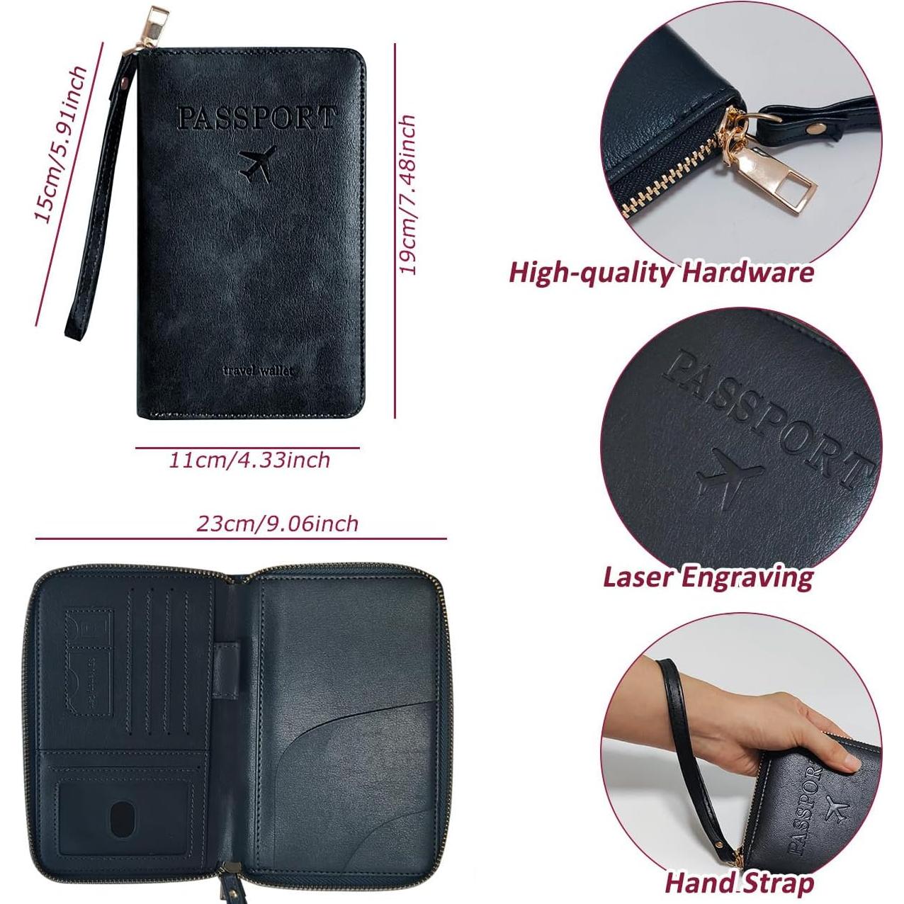 Portapasaportes RFID Negro de Cuero PU para Viaje Unisex