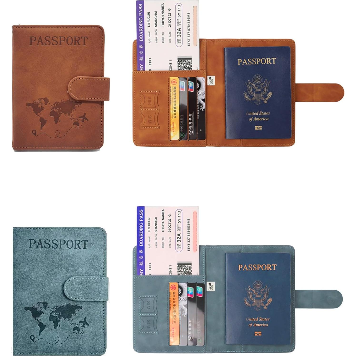 Portapasaportes DJRDym con Bloqueo RFID - 2 Piezas Azul y Marrón