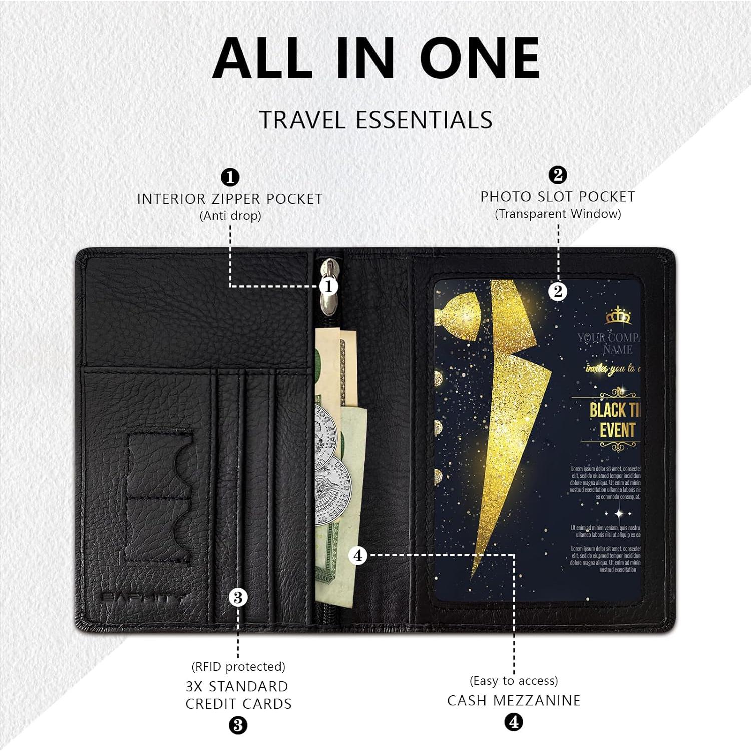 Funda de Pasaporte de Cuero Genuino Baphity con RFID - Negro