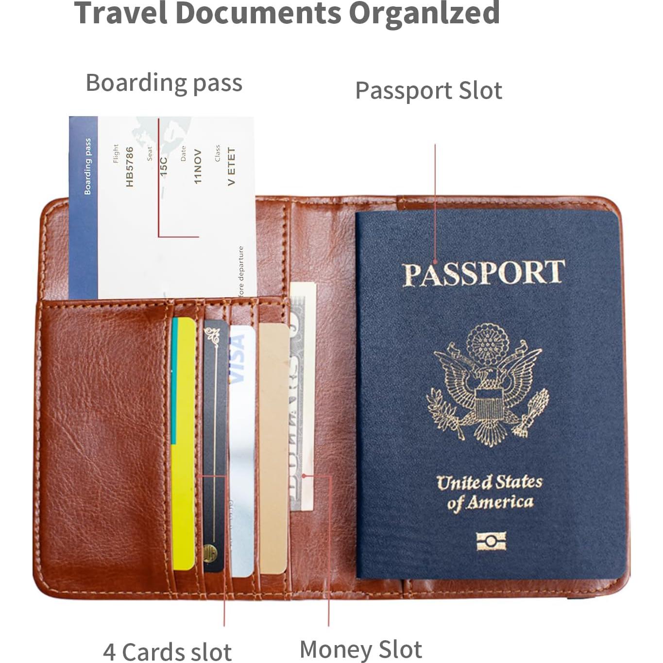 Funda de Pasaporte RFID Marrón con Organizador de Tarjetas