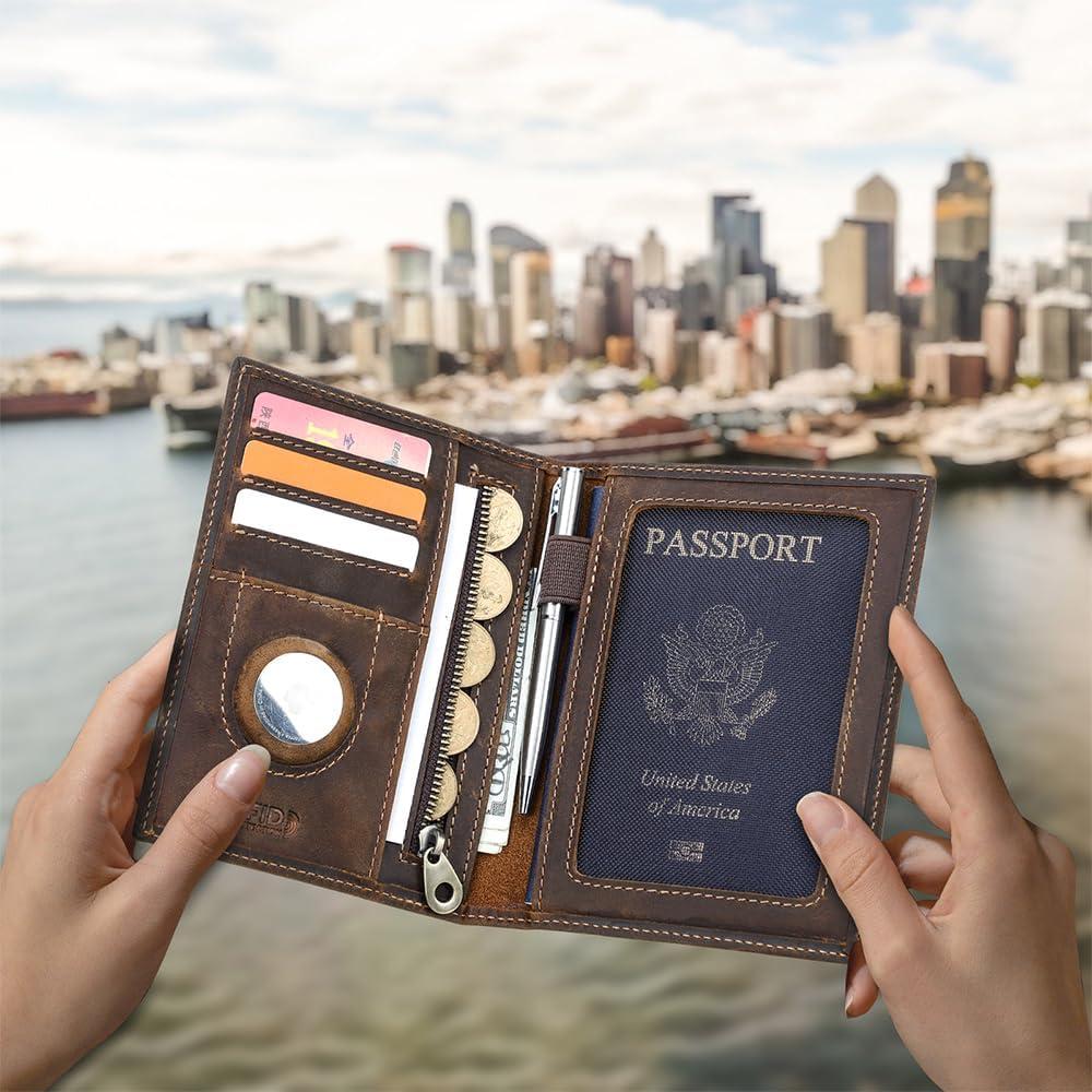 Portafolio de Pasaporte de Cuero Crazy Horse CONTACT'S RFID