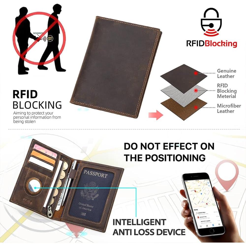 Portafolio de Pasaporte de Cuero Crazy Horse CONTACT'S RFID