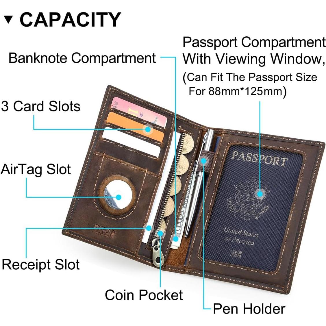 Portafolio de Pasaporte de Cuero Crazy Horse CONTACT'S RFID
