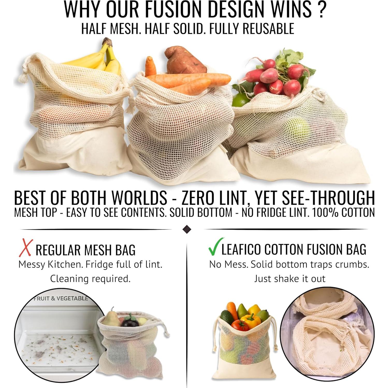 Bolsas Reutilizables Leafico XL 35.56x45.72 cm 6 Pcs Algodón