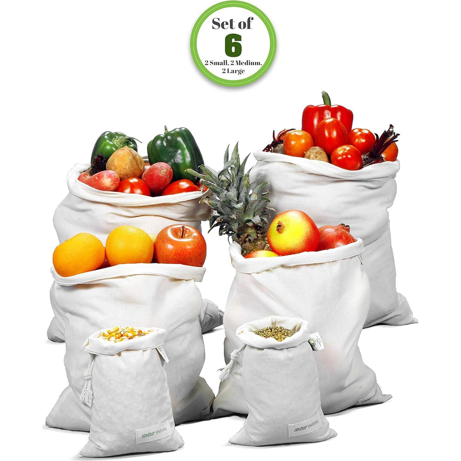 Bolsas Reutilizables de Algodón Orgánico AMOUR INFINI - Set 6