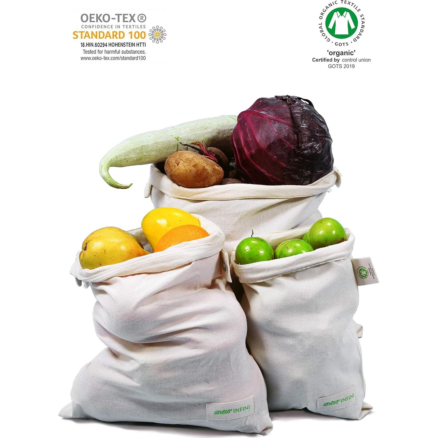 Bolsas Reutilizables de Algodón Orgánico AMOUR INFINI - Set 6