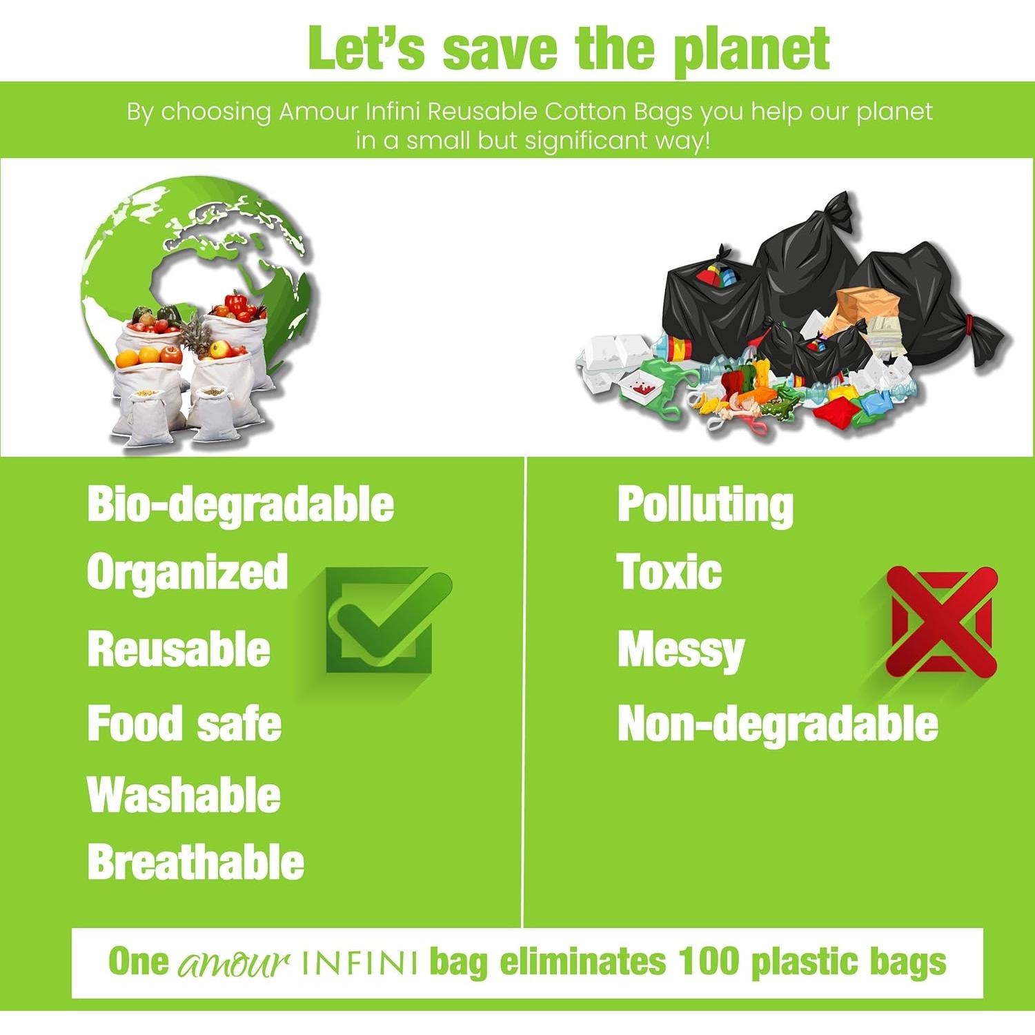 Bolsas Reutilizables de Algodón Orgánico AMOUR INFINI - Set 6