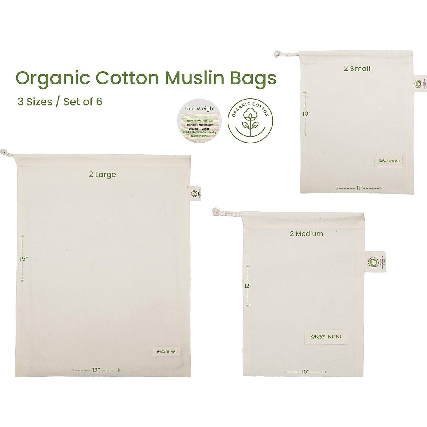 Bolsas Reutilizables de Algodón Orgánico AMOUR INFINI - Set 6