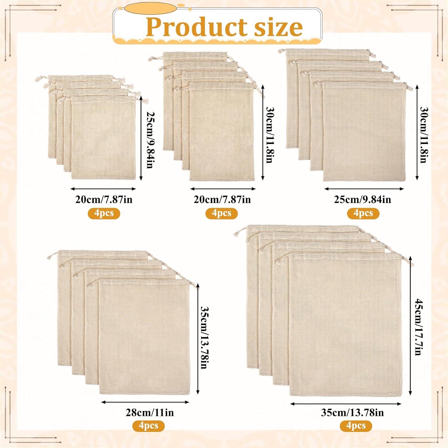 Paquete de 20 Bolsas de Malla de Algodón Reutilizables 45x35cm