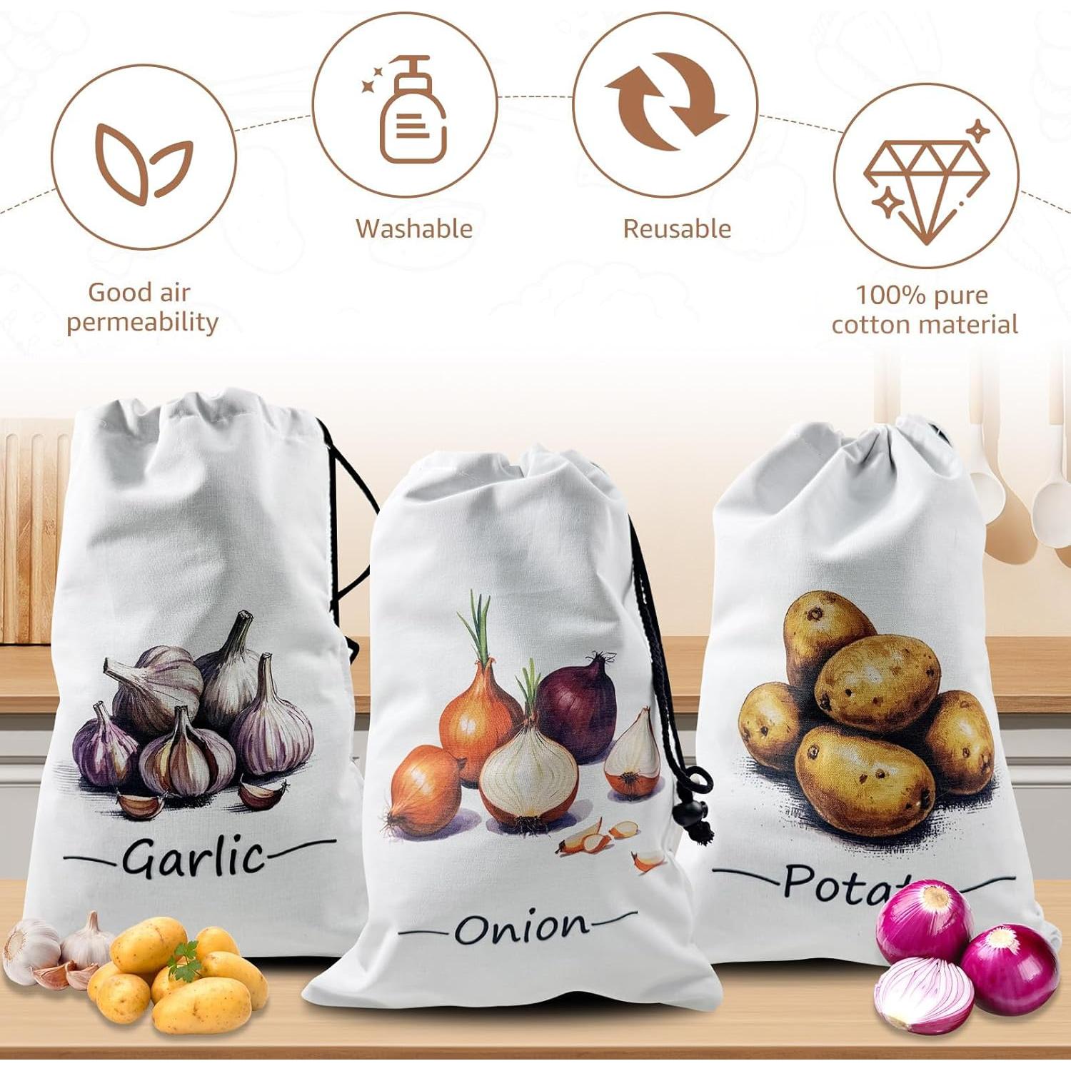 Paquete de 3 bolsas de almacenamiento de vegetales SSQMartt - Lona blanca