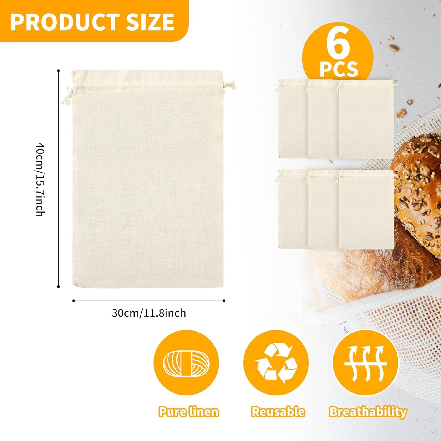 6 Bolsas de Algodón Reutilizables KEJJNYER 30x40 cm Lino Natural