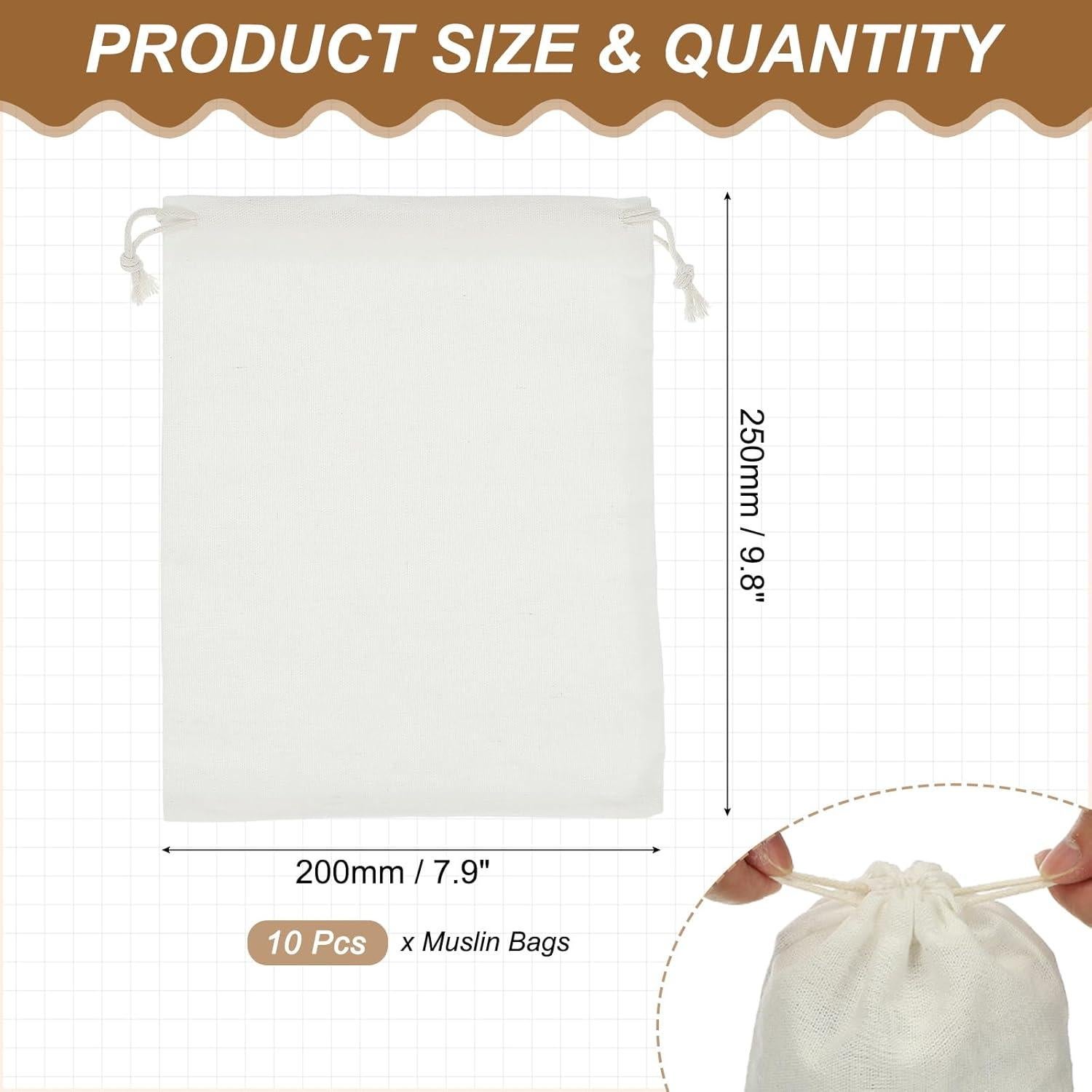 10 Bolsas de Algodón Reutilizables PATIKIL con Cierre de Cordón 25x20 cm