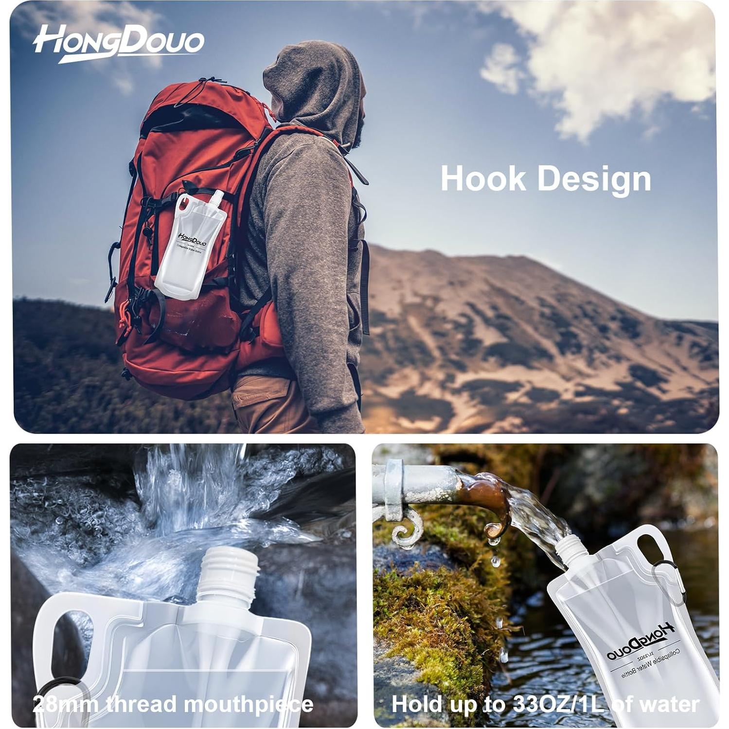 Paquete 2 Botellas de Agua Plegables 1L Hongdouo para Senderismo