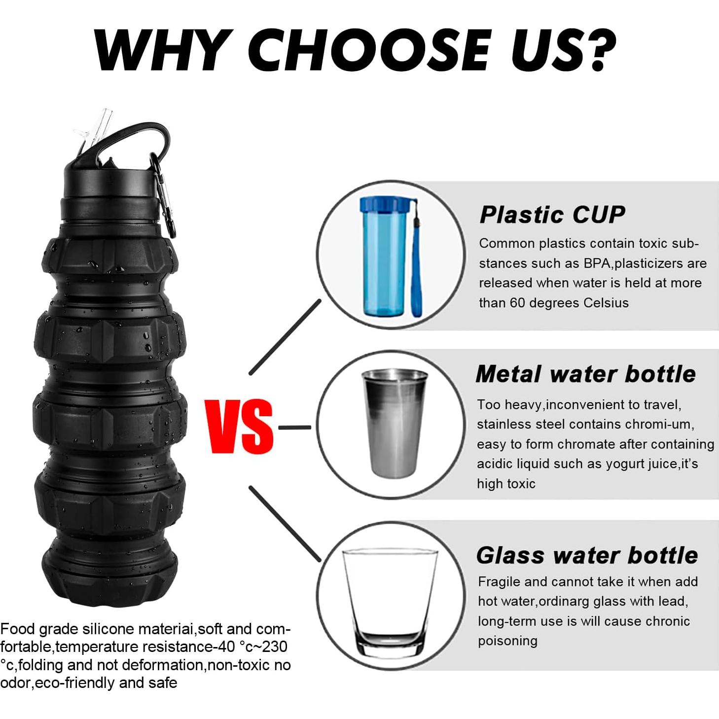 Botella de Agua Plegable QiCheng&LYS 580ml Silicona Negra