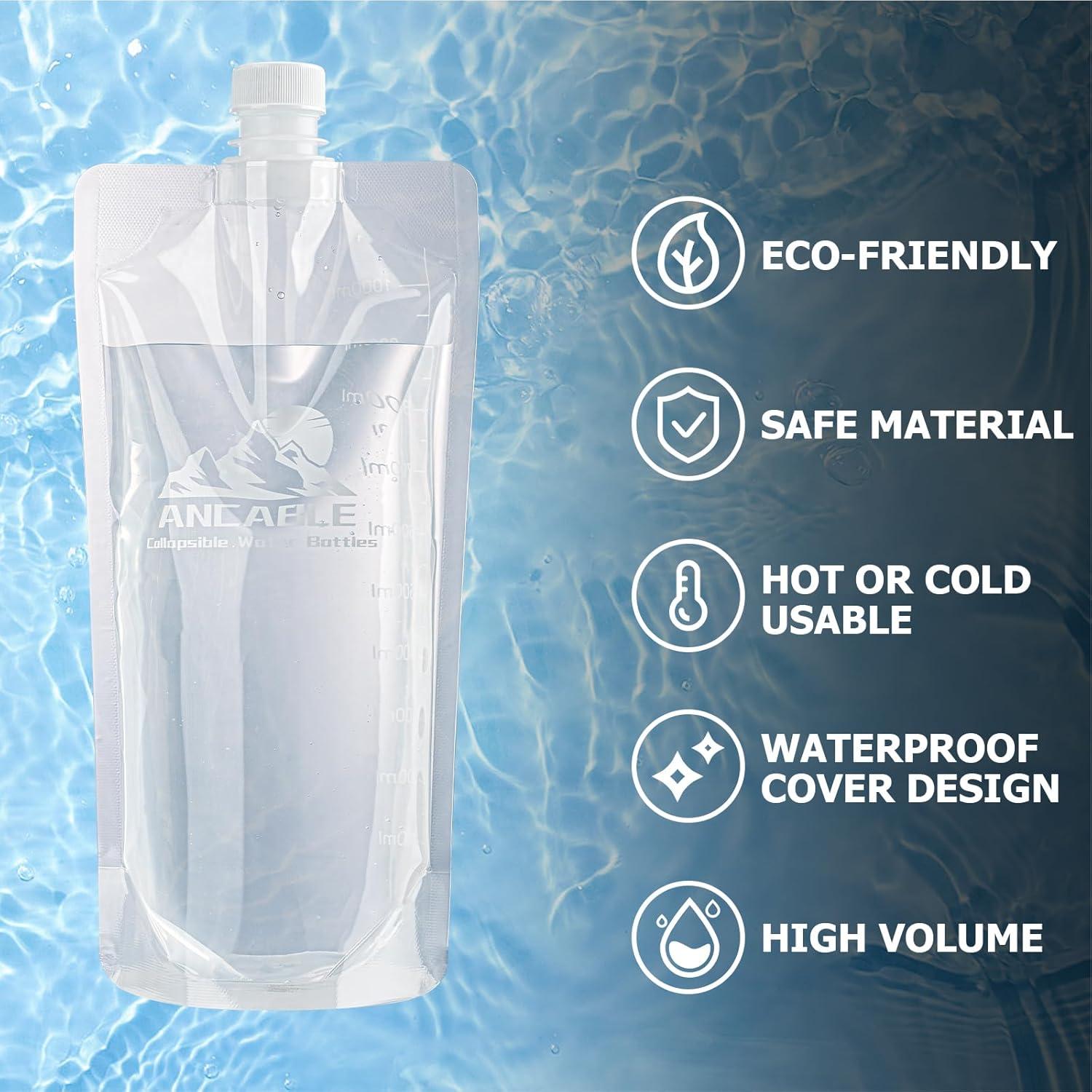 Botella de Agua Plegable 1L Ancable - Paquete de 6, Libre de BPA