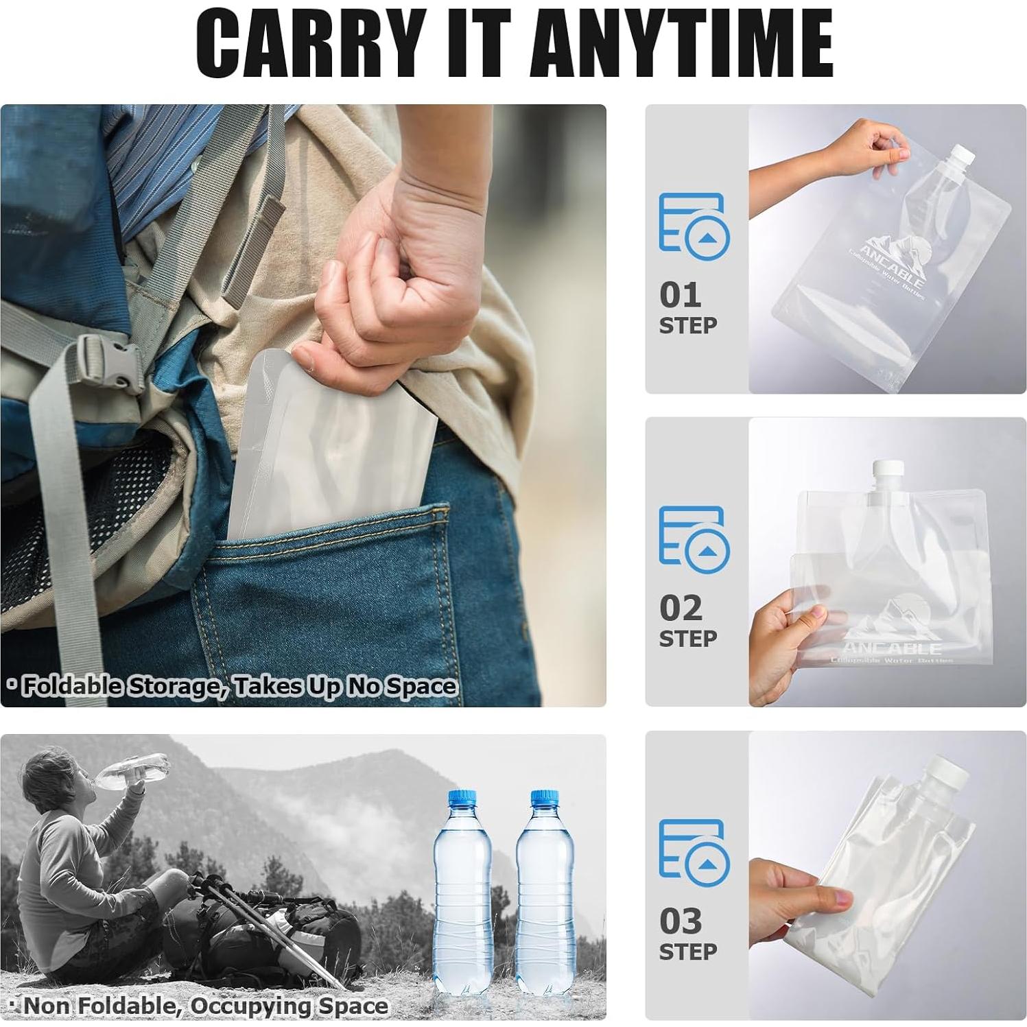 Botella de Agua Plegable 1L Ancable - Paquete de 6, Libre de BPA