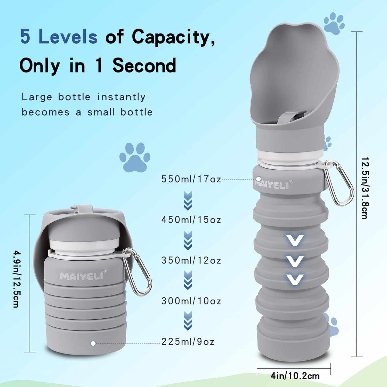 Botella de Agua Plegable para Perros MAIYELI 550ml Silicona