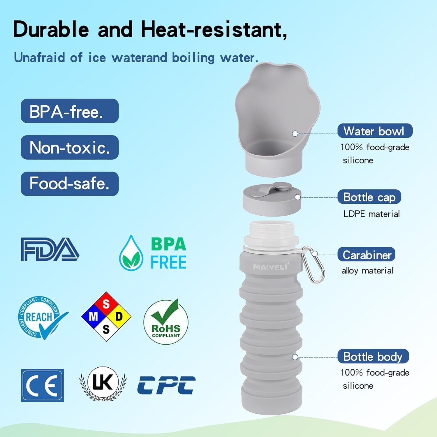 Botella de Agua Plegable para Perros MAIYELI 550ml Silicona