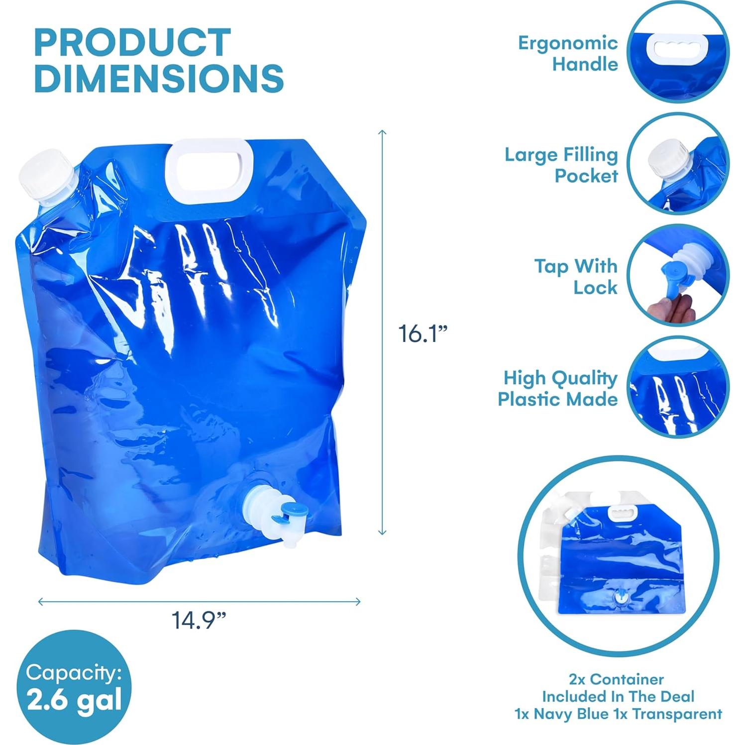 Contenedor de Agua Plegable ACOWAY 10L - Azul y Blanco - 2 Unidades