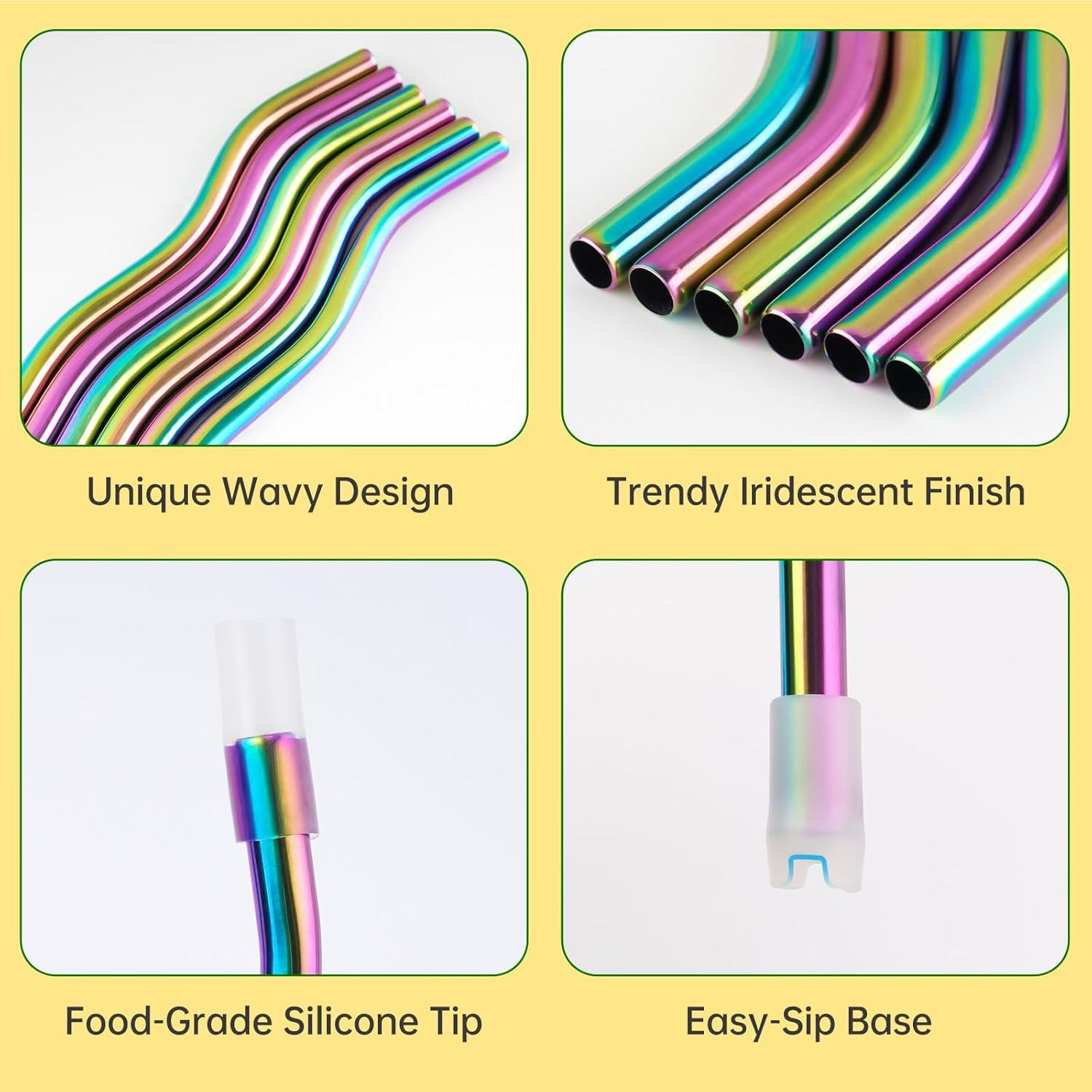 NiHome 6 Pajillas de Acero Inoxidable Iridiscente Reutilizables 23.5-31 cm