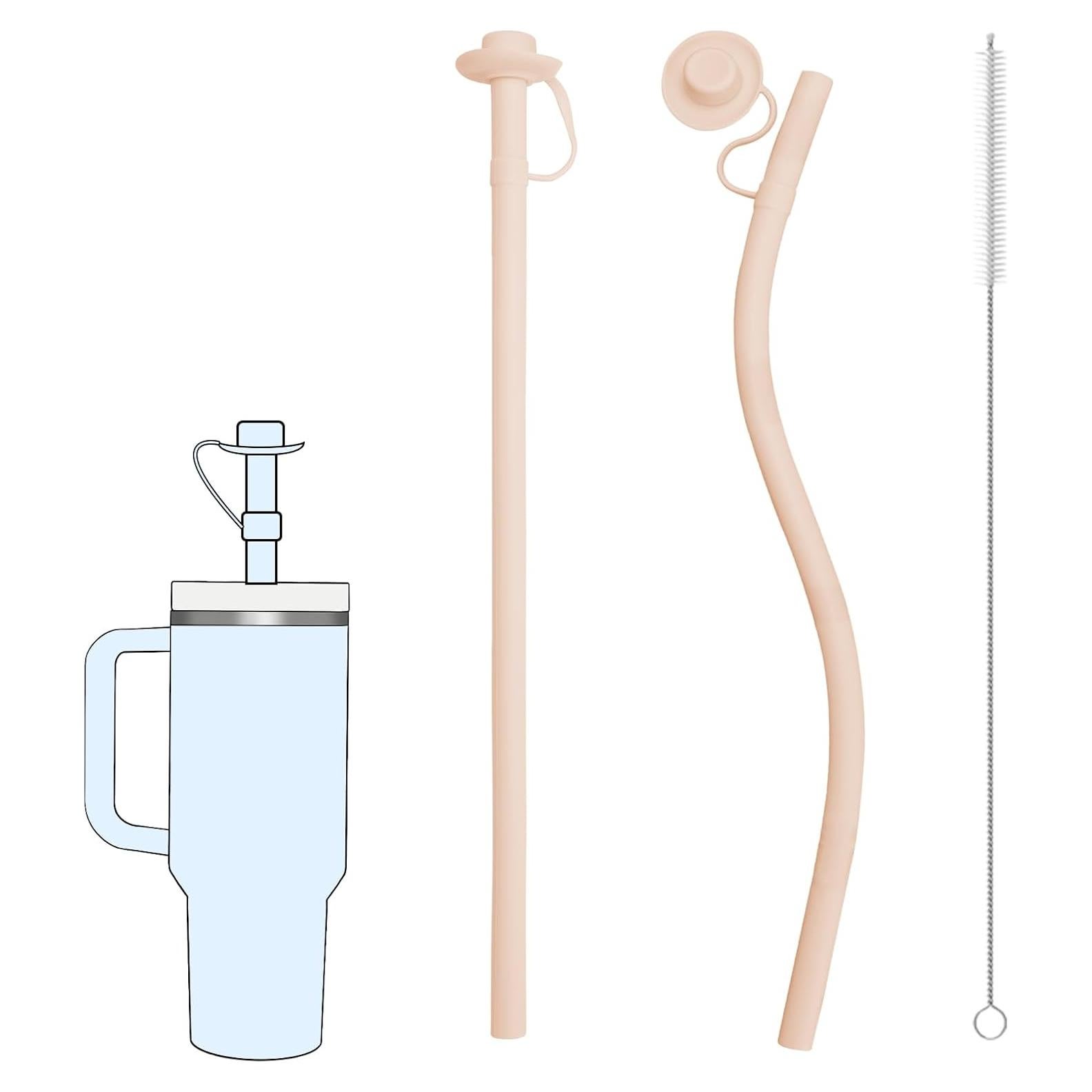 2PCS Reusable Silicone Straws with Cover, Bite-Safe, 12”Long Collapsible Drinking Straws for Stanley Owala Cups, Tumblers & Travel – Trim to Fit Any Cup (Pink)