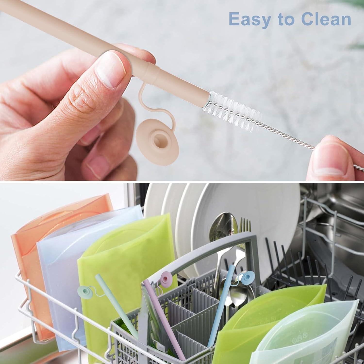 2PCS Reusable Silicone Straws with Cover, Bite-Safe, 12”Long Collapsible Drinking Straws for Stanley Owala Cups, Tumblers & Travel – Trim to Fit Any Cup (Pink)