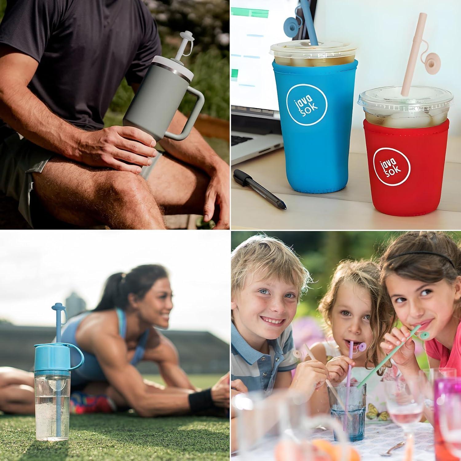 2PCS Reusable Silicone Straws with Cover, Bite-Safe, 12”Long Collapsible Drinking Straws for Stanley Owala Cups, Tumblers & Travel – Trim to Fit Any Cup (Pink)