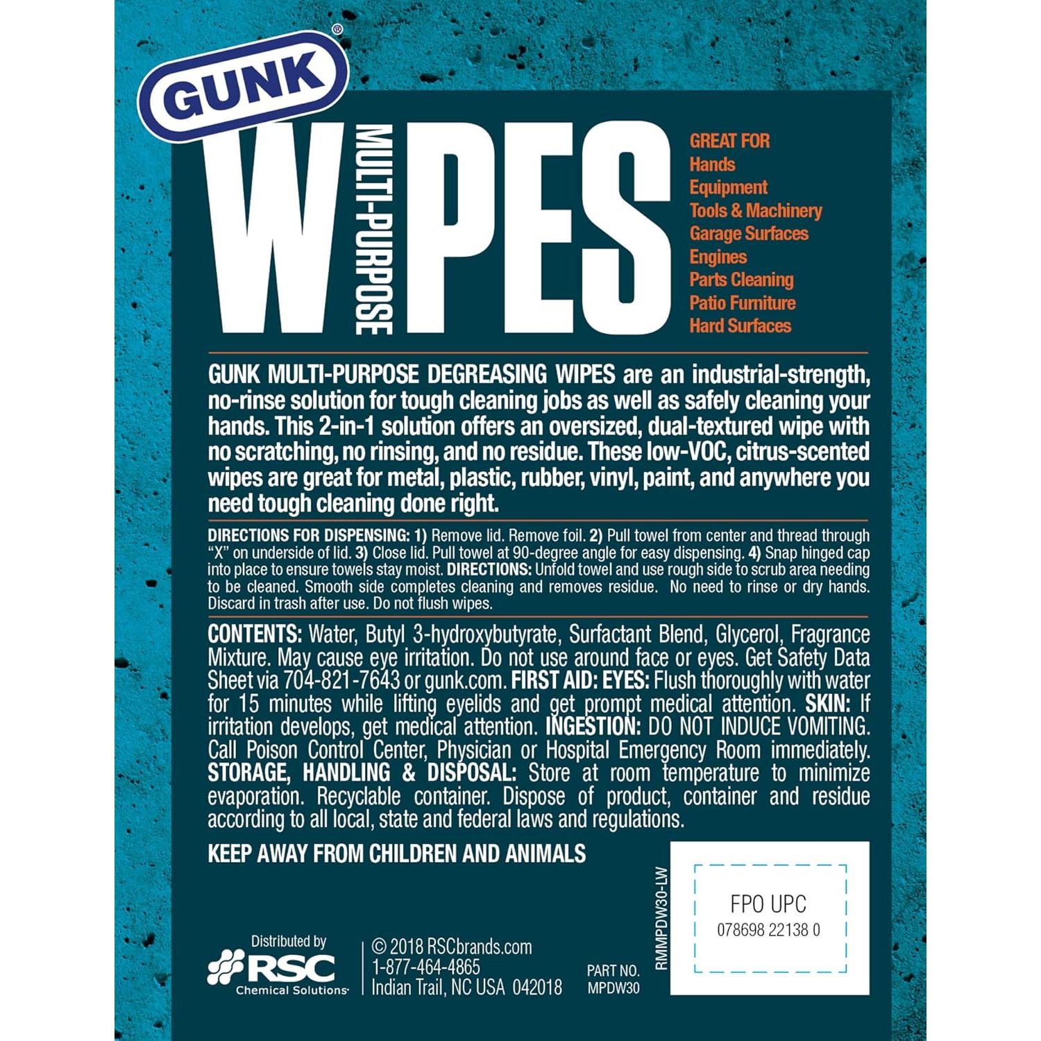 Toallitas Desengrasantes Gunk MPDW30, 30 Unidades x 6 Paquetes