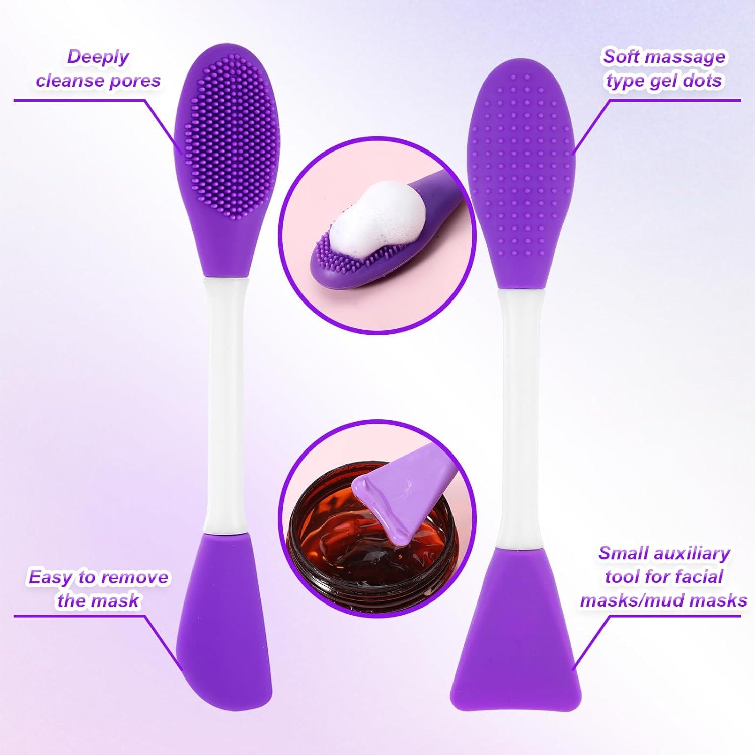 Pore Cleaning Brush, 2 Pcs 2 in 1 Silicone Face Scrubber Facial Cleansing Brush Face Mask Applicator Tool for Facial Mud, Remove Blackheads, Exfoliating, Massaging, Makeup Skincare Removal (Purple)