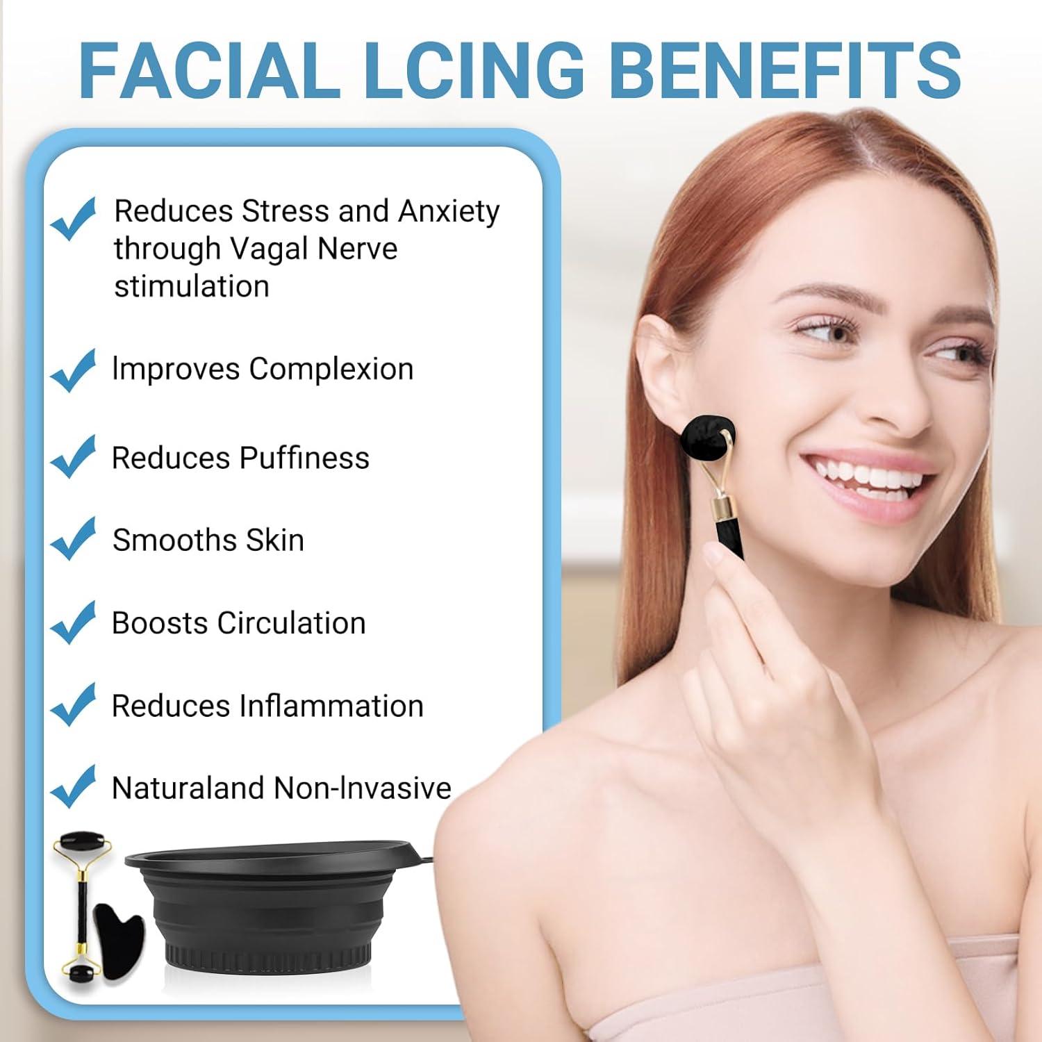 Juego de Baño de Hielo Facial 3pcs Lummitwit - Rodillo y Gua Sha