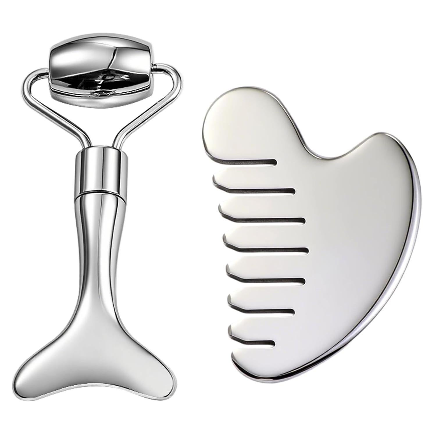 Juego de Herramientas Gua Sha Facial AAJP - Rodillo y Masajeador Plata