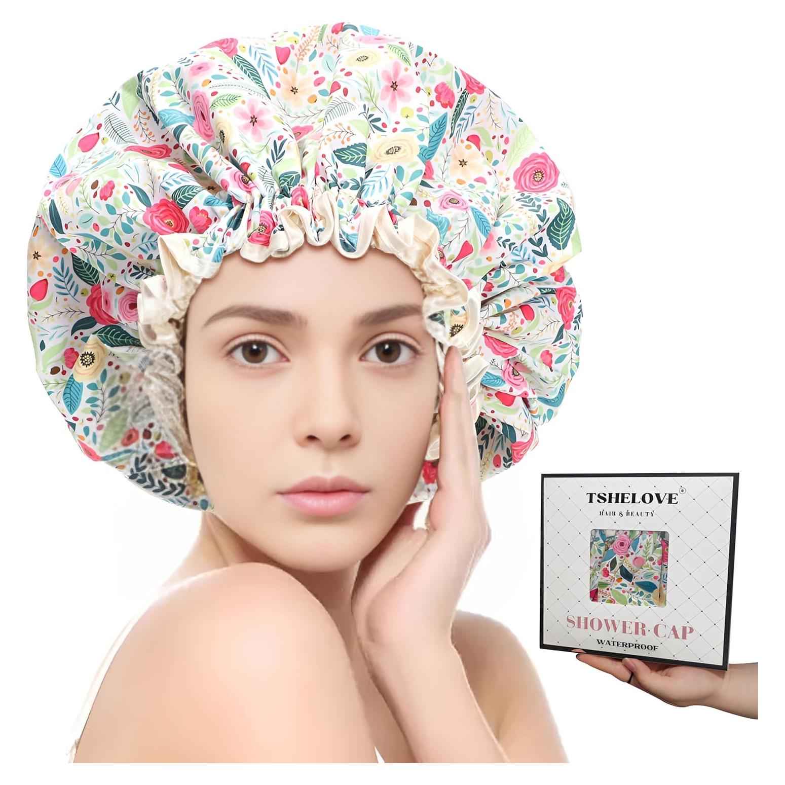 Gorro de Ducha Reutilizable TSHELOVE Rojo Floral Extra Grande