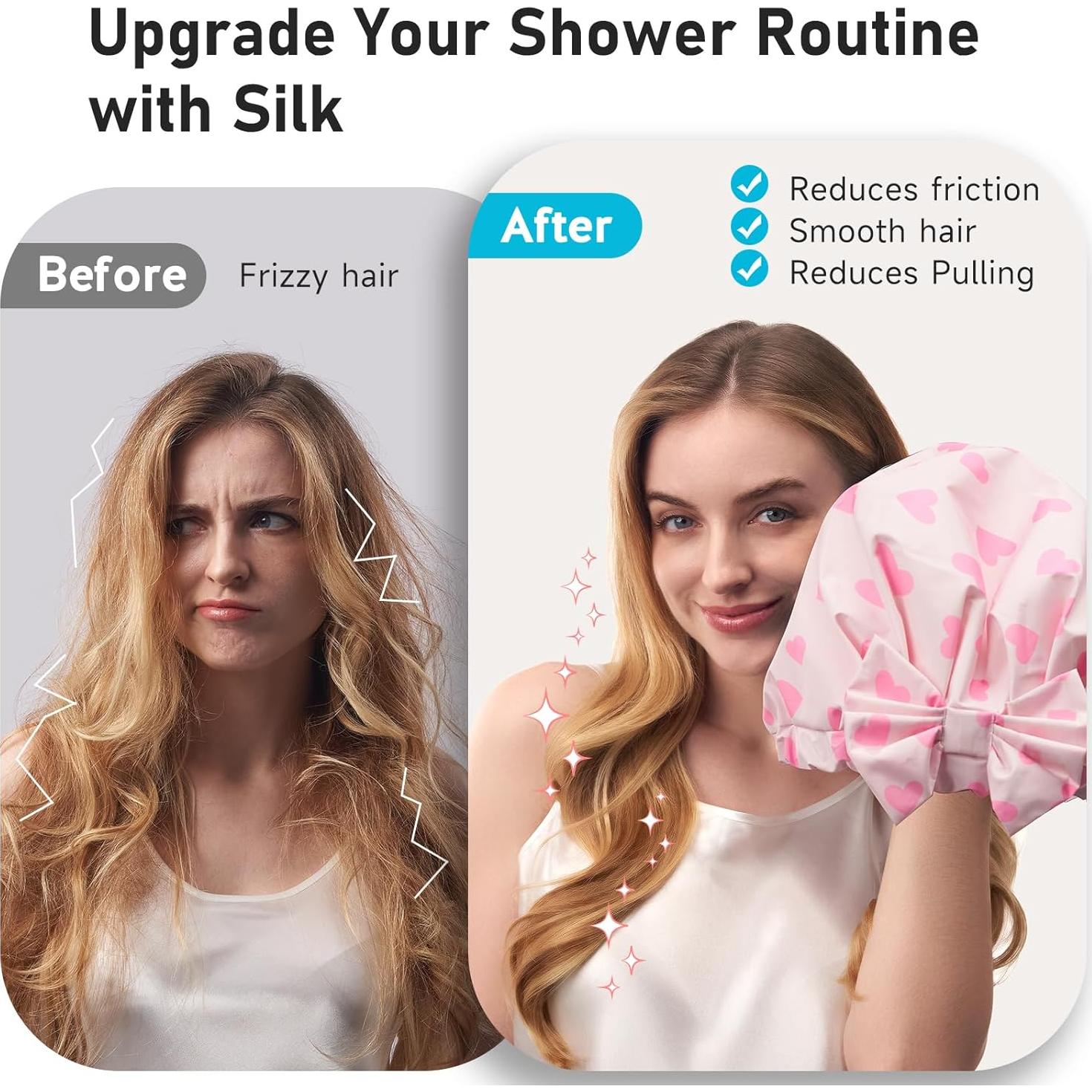 Gorro de Ducha de Seda LitBear Corazones Rosas Reutilizable