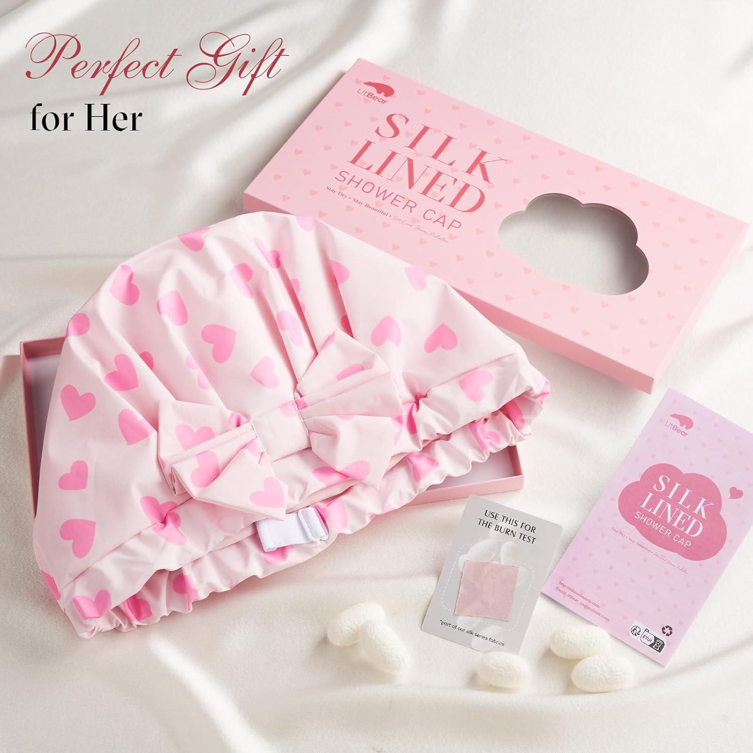 Gorro de Ducha de Seda LitBear Corazones Rosas Reutilizable
