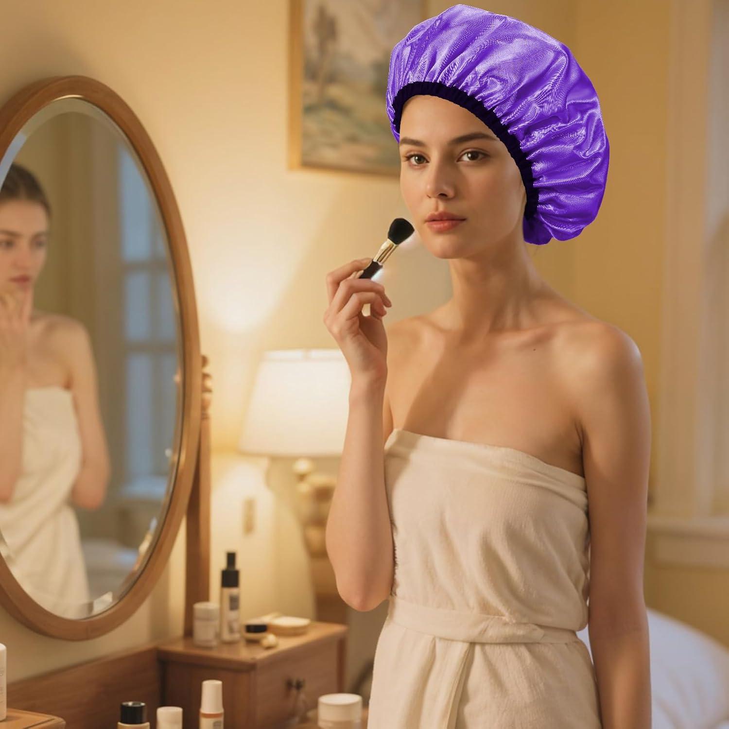 Gorra de Ducha Impermeable Doble Capa Ajustable Púrpura