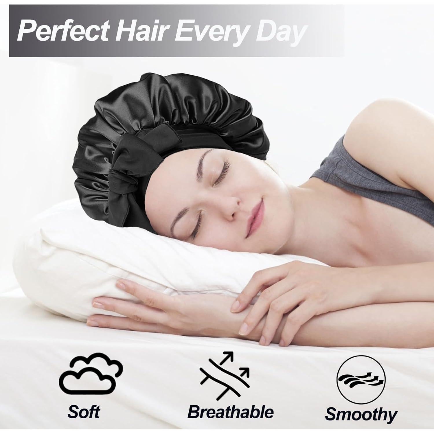 Bonete de Seda Negro para Dormir Confvrter con Correa Ajustable