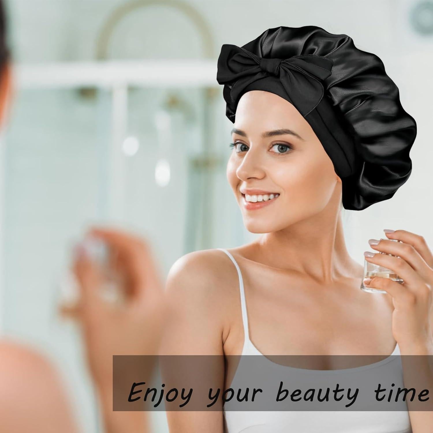 Bonete de Seda Negro para Dormir Confvrter con Correa Ajustable