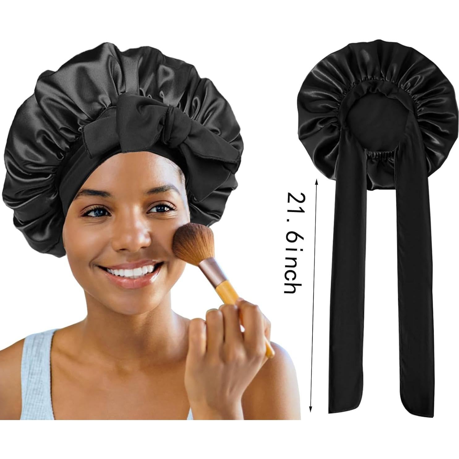 Bonete de Seda Negro para Dormir Confvrter con Correa Ajustable