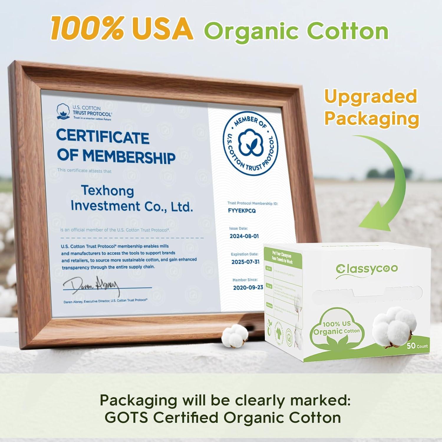 Toallas Faciales Desechables Classycoo XL 100% Algodón Suave 50 Unidades